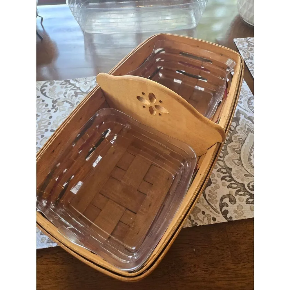Longaberger Cracker Basket Honey-Tone With Wooden Divider And Plastic Inserts